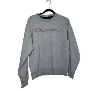 Champion Gray Powerblend Crewneck Sweatshirt Red Blue Spell Out logo Size Medium